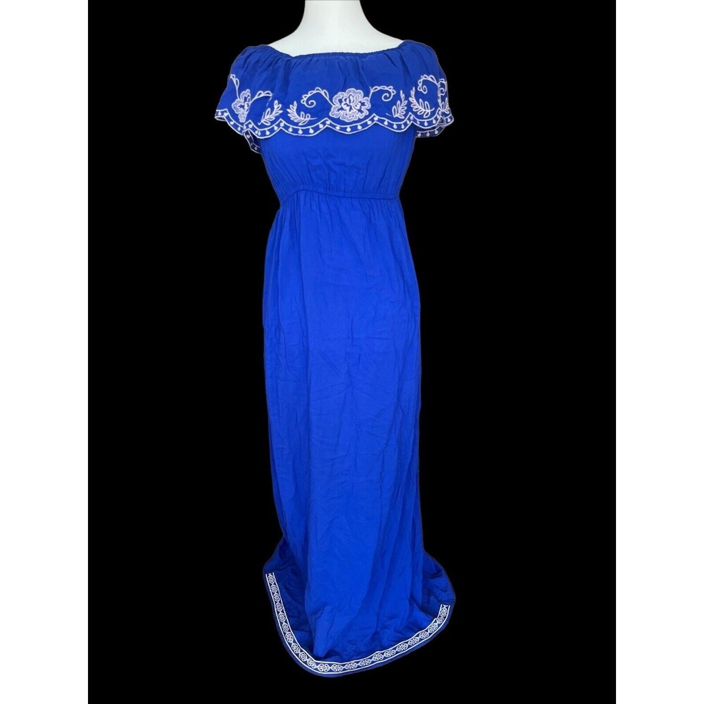 NWT Flying Tomato Embroidered Floral Blue Maxi Dress Mexican Size XS